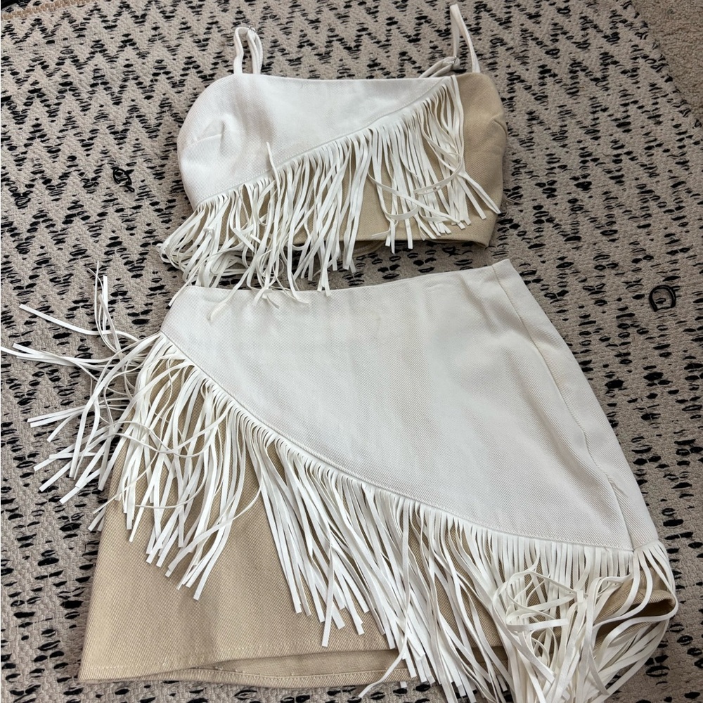 Fringe Two-Piece Set in White and Tan